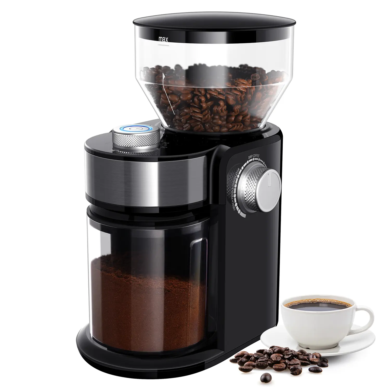 SHARDOR Full Burr Electric Metallic Coffee Grinder with 16 Adjustable Grind Levels, Removable Cleanable Parts, US Plug, 2-14 Cup Capacity, Cleaning Brush, Overheat Bean Protection, Black & Silver for Home Brewing, 16 Levels