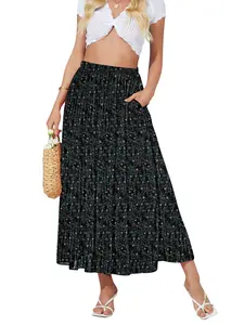 Women's High Waisted Maxi Skirt,Elastic Chiffon Boho Long Skirt with Pockets Fit Pleated Bohemian Beige Floral Fit Bottom