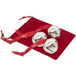 Believe Sleigh Bells Ornament (3-Pack) 1.5" Made of Steel Hanging Bells with Red Satin Believe Ribbon & Red Velvet Bag Great Tone Xmas Gift Stocking Stuffer Made in USA