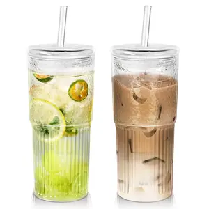 Summervibes 20OZ Glass Cup with Lid and Straw, Coffee Cups, Cute Tumbler, High Borosilicate Glass Tumbler Iced Coffee Water Smoothie,  2 pcs Bottles Drinkware