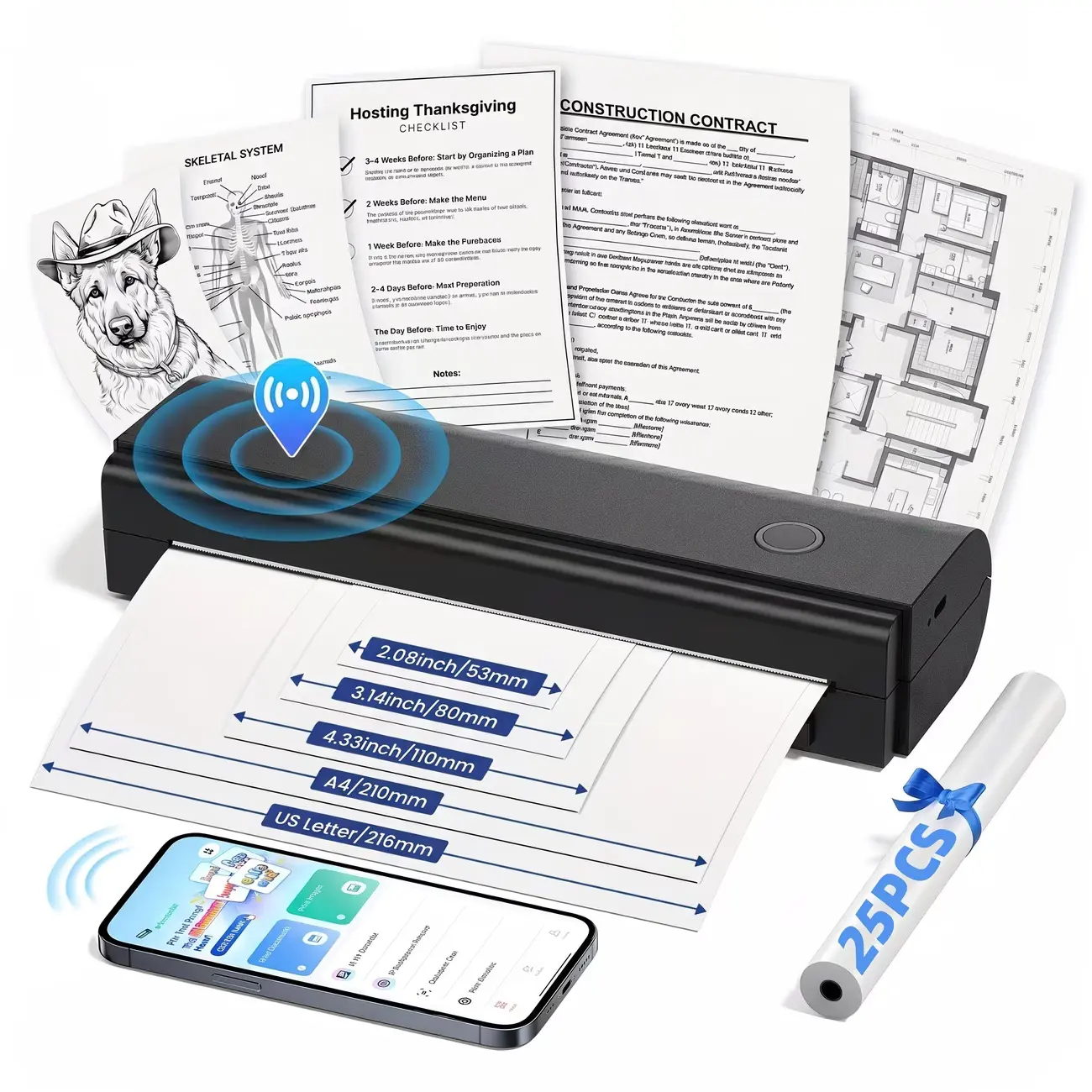 A4 Inkless Printer - N81P Portable Thermal Printer for Wireless Mobile Travel, Supports Letter Mini Printing, Compatible with Android And IOS, Suitable for Folding Paper/Rolling, Thermal Printer Contains 25 Sheets of Thermal Paper