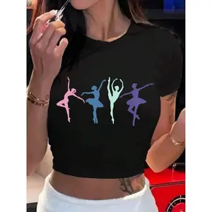 Women's Ballet Crop Top Short Sleeve T-Shirt - Slim Fit Round Neck Blouse Suitable For Dance Classes, Casual Wear & Layering, Ballet-Themed Short Top Pullover (Hand Washable), Women's Short Sleeve Cropped Tee – Lightweight Crop Top, Casual Daily High-Wais