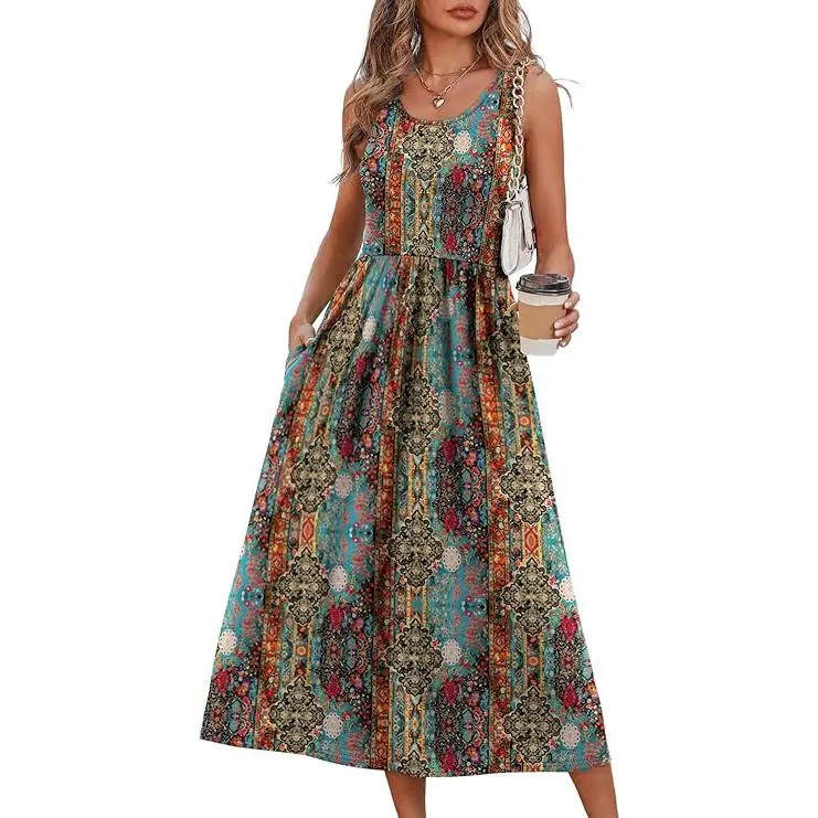Women's Flowy Sleeveless Round Neck Polyester Midi Dress with Pockets - Culturally-Inspired Chinese Retro Paisley Casual Dress, Ideal for Beach Vacations, Culturally-Inspired Casual Dresses