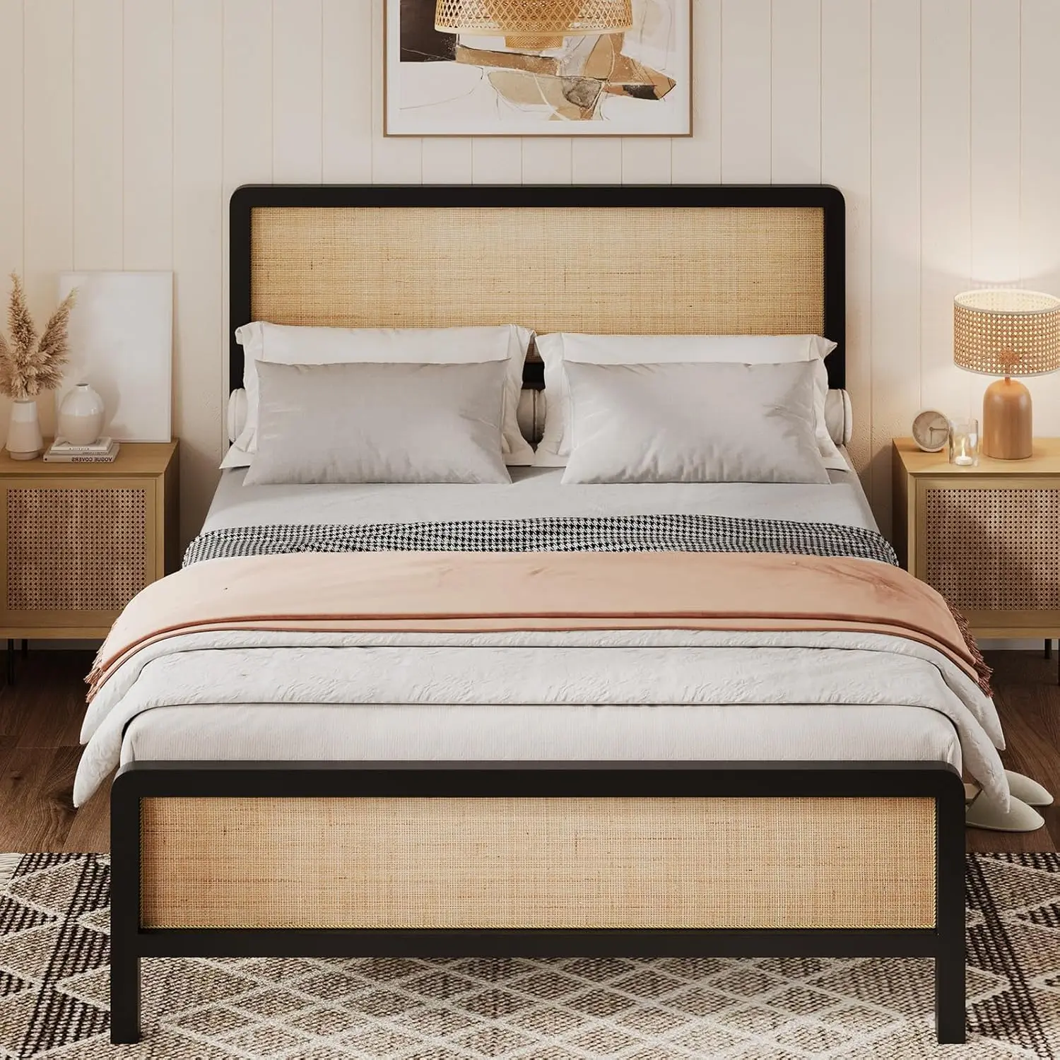 Sturdy Rattan Platform Bed Frame with Natural Headboard - Heavy-Duty Structure, Exquisite Rattan Accents, Rounded Corners, Metal Slats, Underbed Hidden Compartment, Silent, Easy Set-Up, No Box Spring Needed