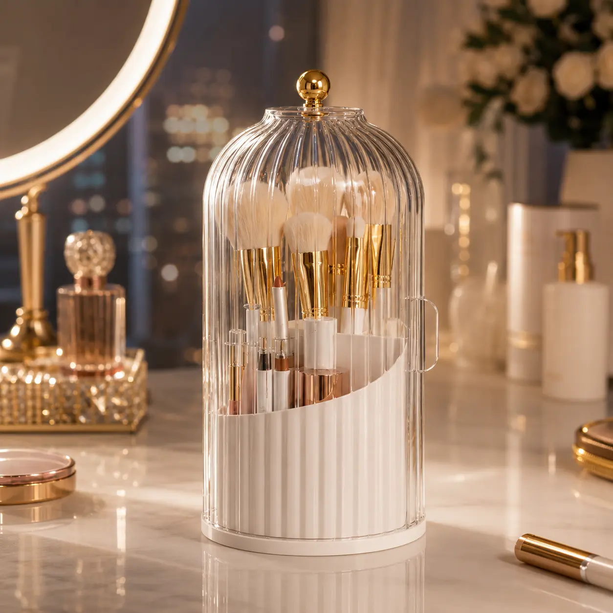 360 Rotating Cosmetic Storage Organizer, Makeup Brush Holder with Dustproof Cover, Clear 3-Slot Vanity Organizer for Beauty Tools, Toothbrushes and Razors