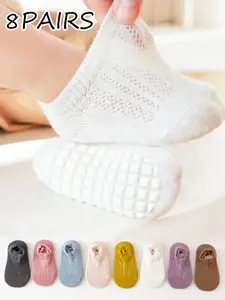 8 Pairs Kids Non-Slip Socks, Baby Walking Anti-Slip Floor Socks, Toddler Grip Socks, Toddler Socks With Grips, Summer Thin Mesh Short Crew Socks, Infant Slip-On Boat Socks, Non Binding Socks, Soft Comfy Socks, Socks Set