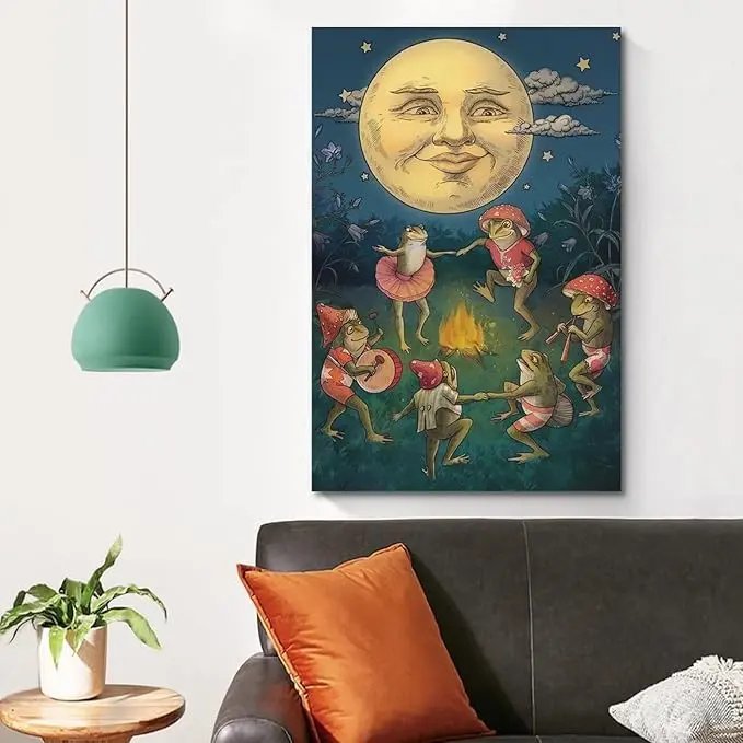Moon Frog Wall Art Poster, Frog Bonfire Party Under the Moon, Happy Children's Room Wall Decor, Frog Decor Painting, Frog Wall Art, Living Room Posters Bedroom Painting Decoration Gift Christmas Frameless Photo Nature Ornaments Artistic Print Hanging