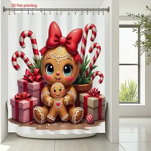 Bathroom decoration, gingerbread house theme with candy cane shower curtain, perfect for bathroom decoration, partition, beautify the space, waterproof, wear-resistant, easy to clean, machine washable, multiple sizes available, free shower curtain hook
