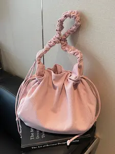 new fashion korean style corduroy pleated strap drawstring casual tote bag minimalist solid color shoulder bag for commuting school shopping vacation crossbody shoulder bags for women