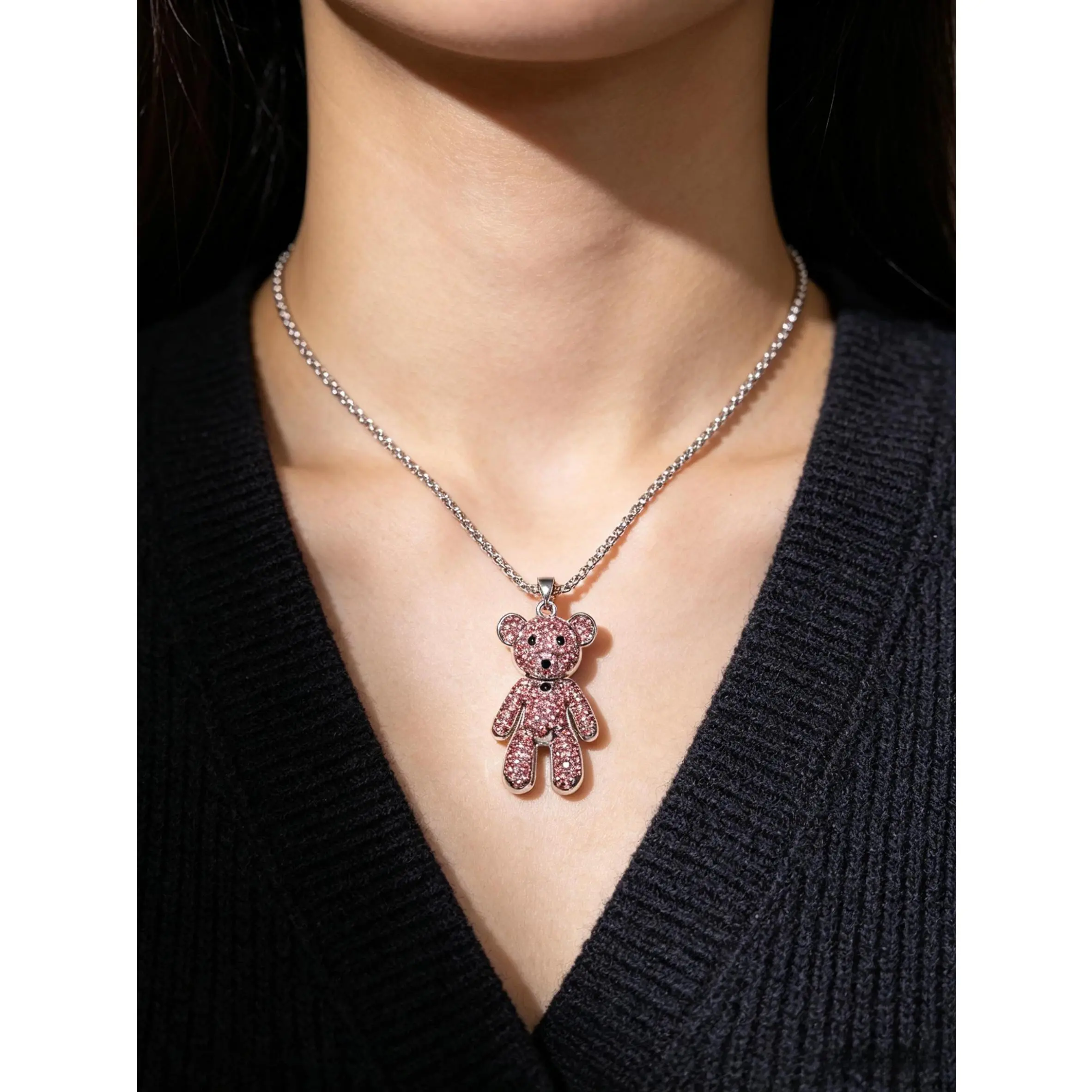 Hip Hop 132-Paved Diamond Sparkling Teddy Bear Pendant Necklace, 60cm Titanium Steel Charm with Rotating Head, Multi-Use for Bag/Key/Car, Ideal Gift for Friends (Animal Charms Necklaces Collection)