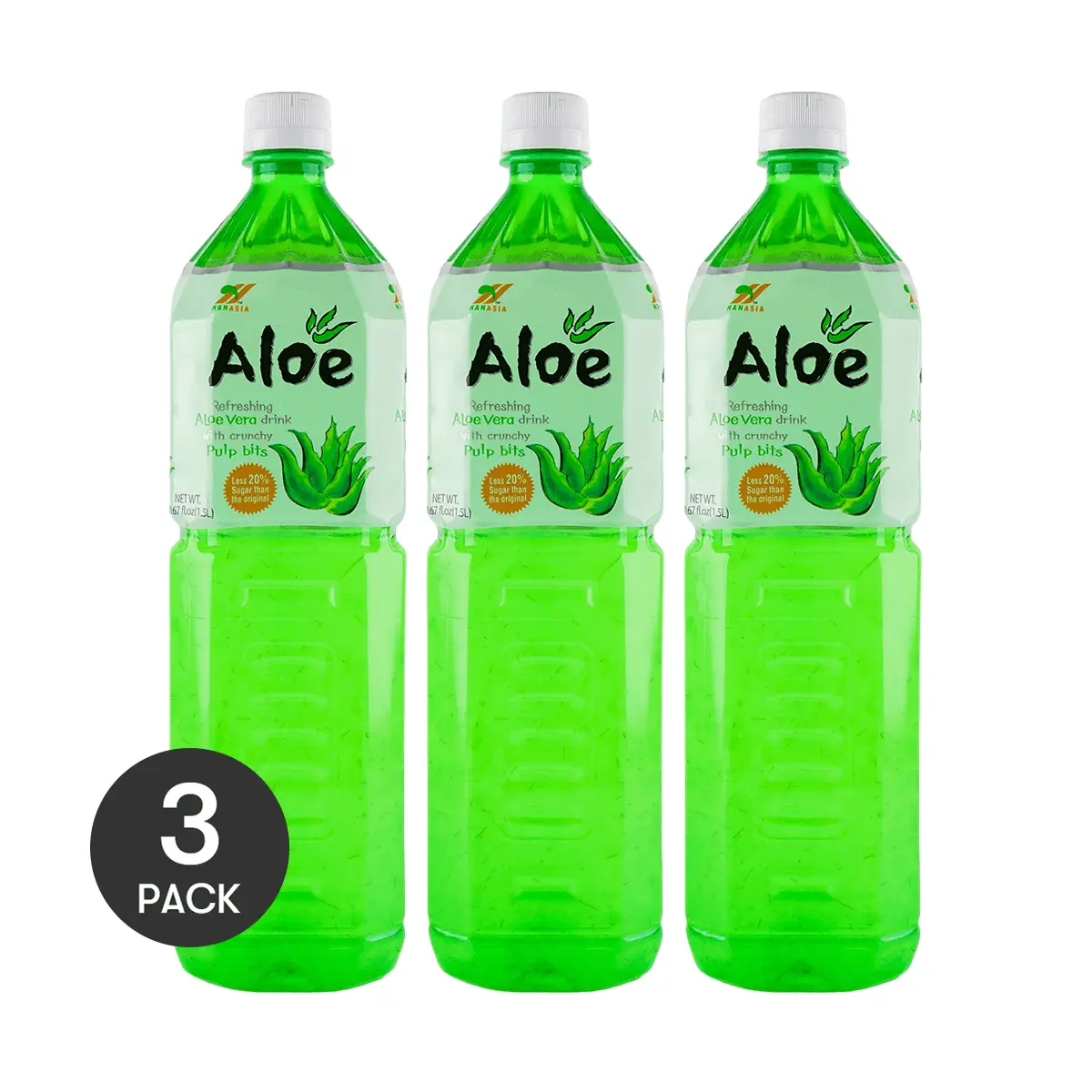 3 Pack HAN ASIA Aloe Vera Drink Low Sugar 50.72 fl oz Each - Korean Health Beverage, Refreshing, Large
