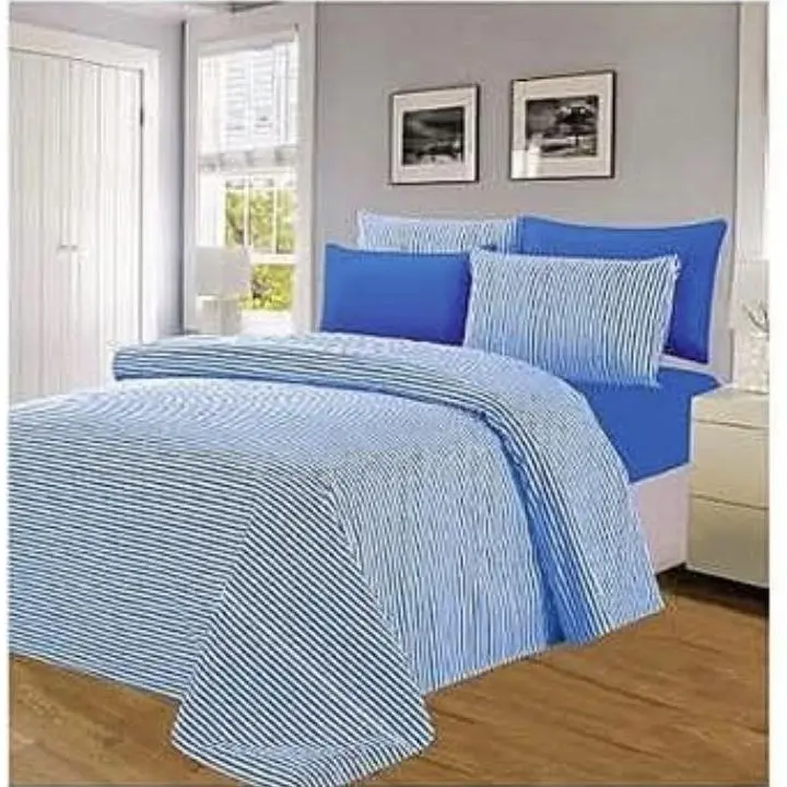 King Size Bed Sheet Set 6pc - Blue Striped Design for Comfortable Sleep