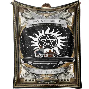 Figure & Sun Pattern Flannel Blanket, 1 Count Hunting Things Themed Casual Soft Throw Blanket with Storage Bag, Cozy Blanket Throw, Warm Napping Blanket for Home Office Travel Camping Family, Bedroom Accessories, Slogan Print Blanket, Cozy Chic Blanket