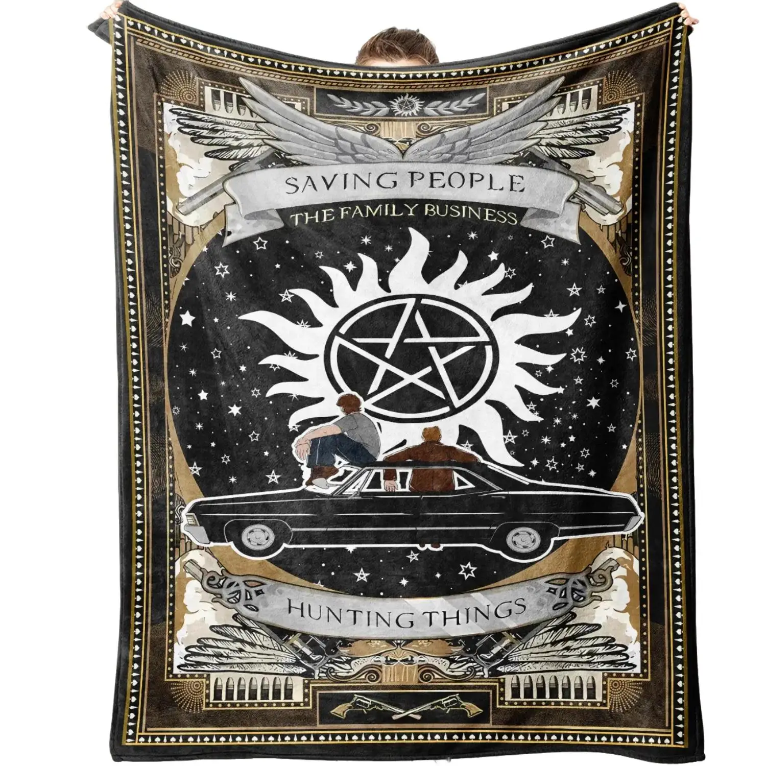 Figure & Sun Pattern Flannel Fleece Blanket, 1 Count Hunting Thing Themed Casual Soft Throw Blanket & Storage Bag, Cozy Blanket Throw, Warm Napping Bl