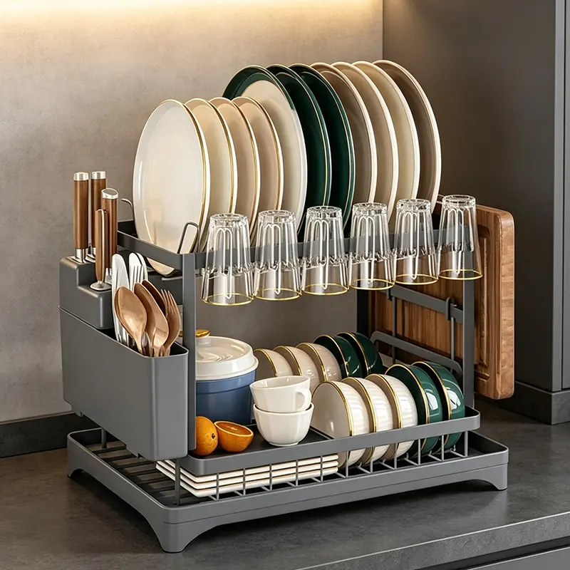 Double-Decker Space-Saving Kitchen Draining Rack - Home Supplies Countertop Organizer with Multipurpose Compartments, Drainage Function, Screw-Free Installation
