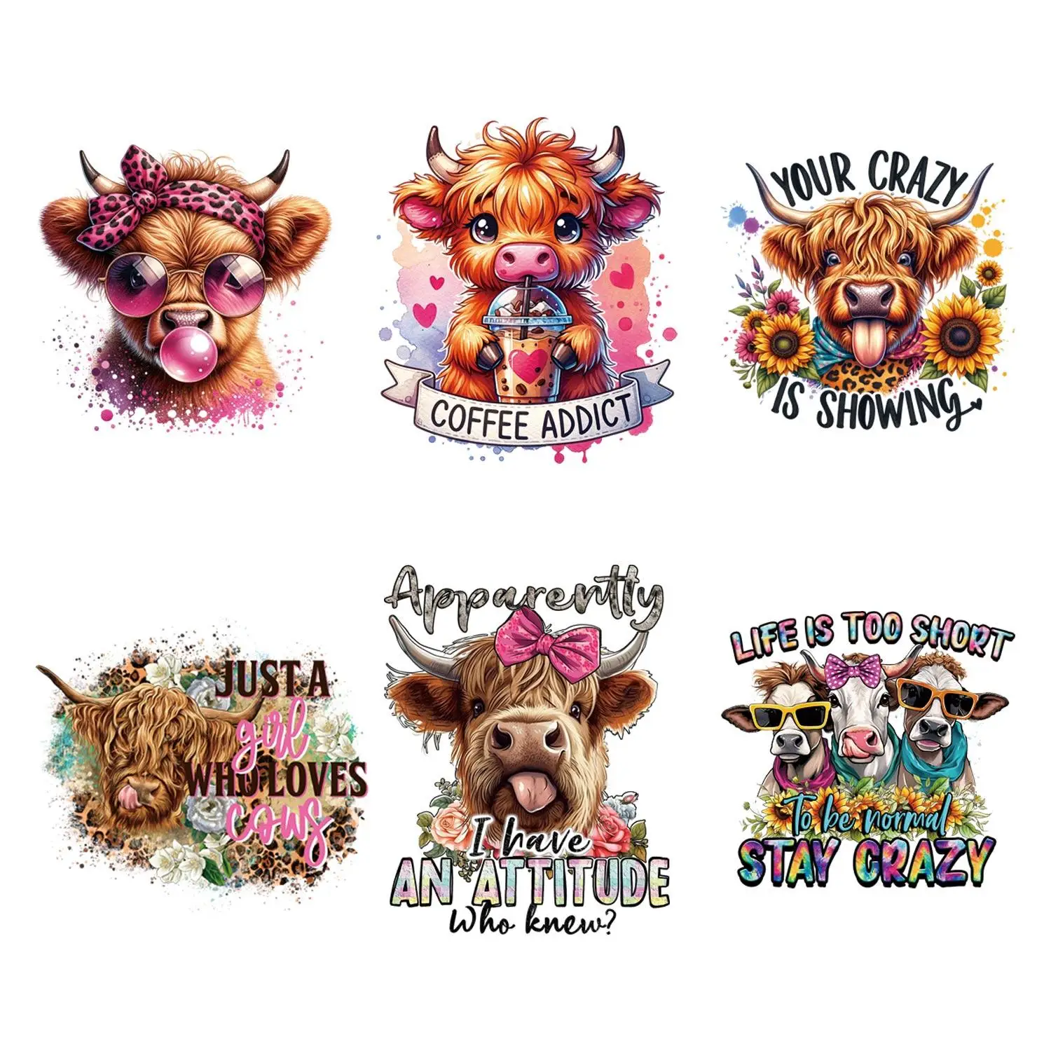 Cute Cartoon Cow Pattern Heat Transfer Sticker, 6 Counts/set Heat Transfer Sticker, DIY Decoration for T-shirt, Jacket, Hoodie