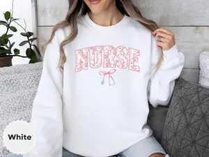 Pink Nurse Toile Bow Sweatshirt, Stethoscope Coquette Soft Girl Shirt, Registered Nurse Graduation Crewneck, Healthcare Worker Gift for Women