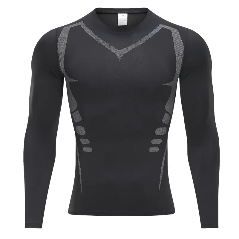 Men's Compression Shirt, Long-Sleeve Quick-Dry Athletic Base Layer for Running and Fitness, Elastic Multi-Size Sportswear, Fitness Wear, Round Neck, Polyester
