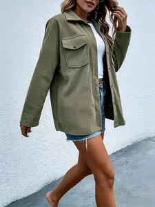 Plus Size Dark Green Waffle Knit Button Down Shirt Jacket – Casual Daily Wear, Soft Breathable Fabric