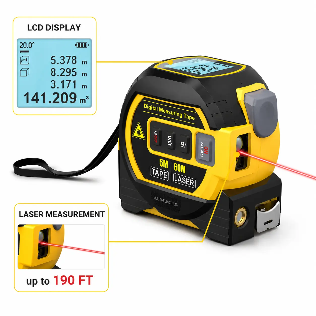 1pc Laser Tape Measure 3in 1 Digital Tape Measure High Precision Laser Rangefinder Steel Tape Measure, Equipped with 2AAA Batteries