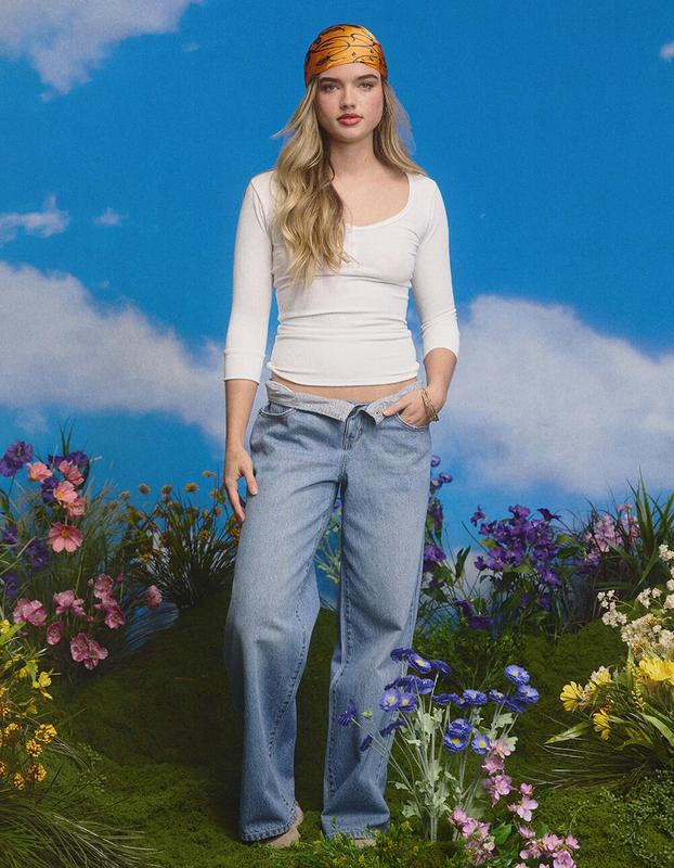 RSQ Womens Fold Over Waistband Baggy Jeans