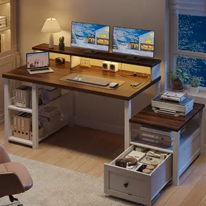 【High Quality】63" LED RGB Lights Computer Desk with Storage Drawer & Power Outlet,Sturdy Workstations with Monitor Stand,Home Office Desks with Shelves for Work & Study,High-quality indoor furniture, Easy Assemble, Dark Oak,Ash Gray