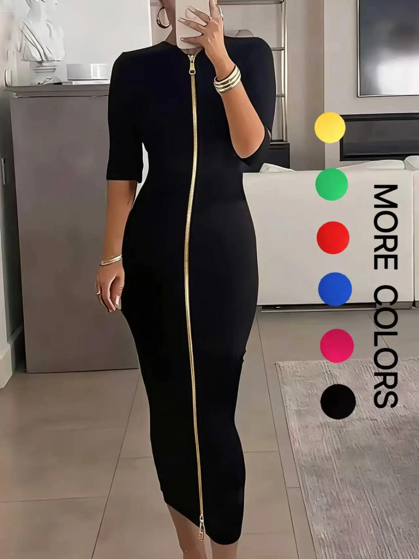 Elegant Women's Lady Solid Color Half-Sleeve Dress, Zipper Long Skirt for Spring Summer Fall, Evening Party Dress, Slim Fit, Formal Wear, Womenswear