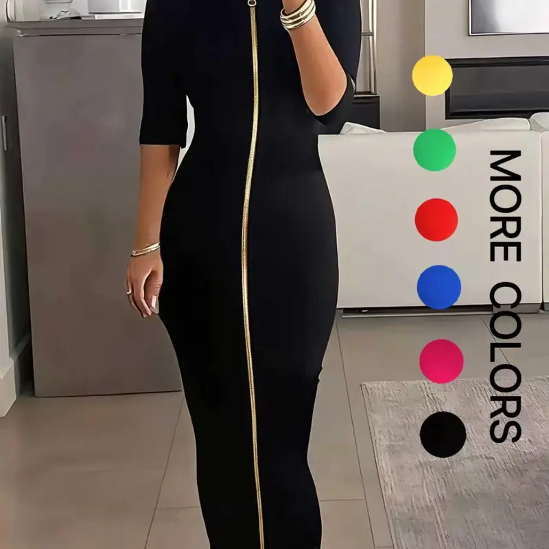 Elegant Women's Lady Solid Color Half-Sleeve Dress, Zipper Long Skirt for Spring Summer Fall, Evening Party Dress, Slim Fit, Formal Wear, Summer Evening Gown, Slim Fitting Gown, Womenswear
