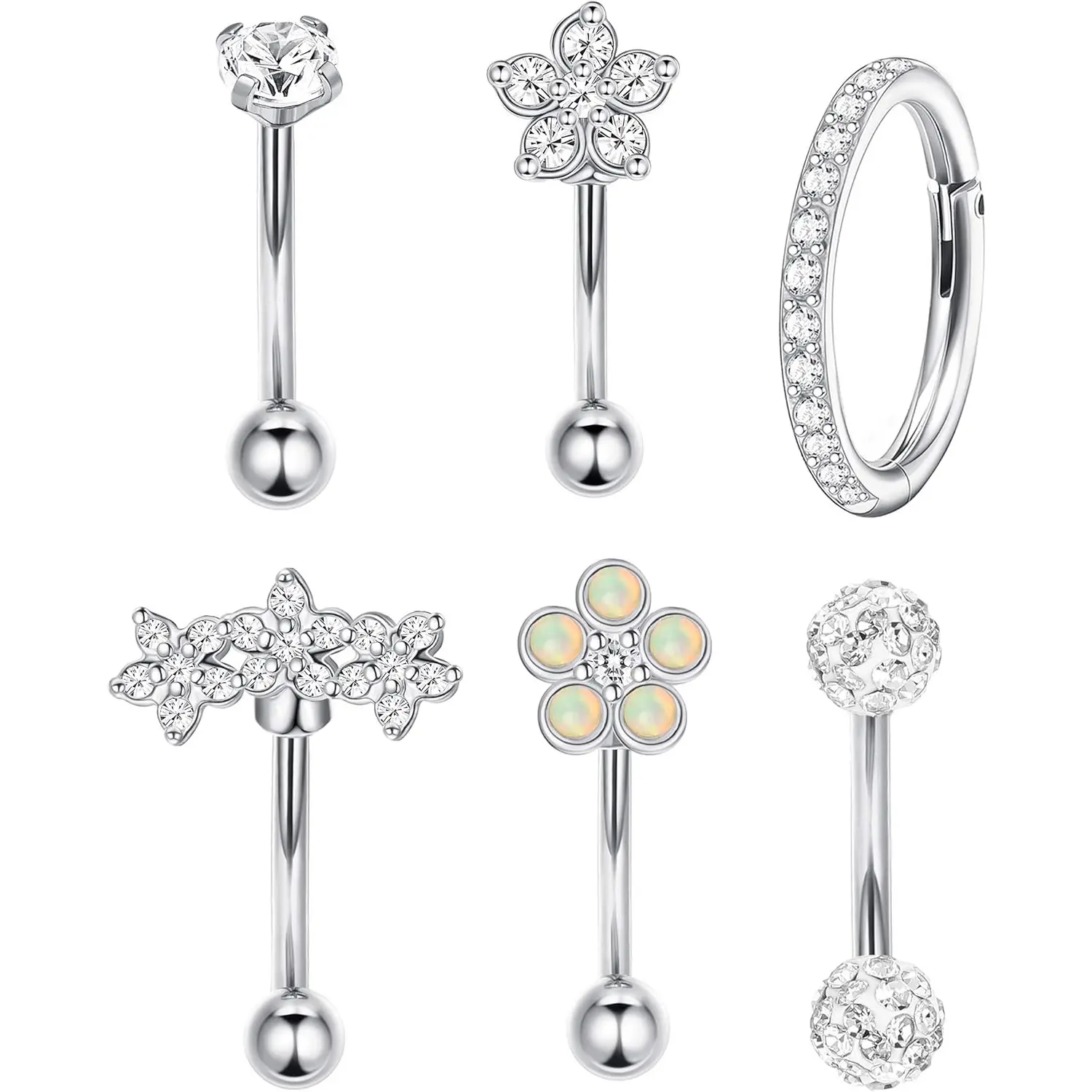 Sanfenly Women's Body Jewelry Set, 6-Piece Sparkling CZ Flower Curved Barbells for Rook and Daith Piercings, Cz Sparkle Glow, Casual, Female, Floral, 6-Piece Set