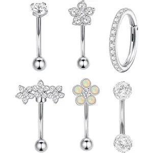 Sanfenly 6Pcs Curved Barbell Rook Daith Piercing Set, Flower CZ Tragus Conch Eyebrow Lip Navel Cartilage Jewelry for Women Men