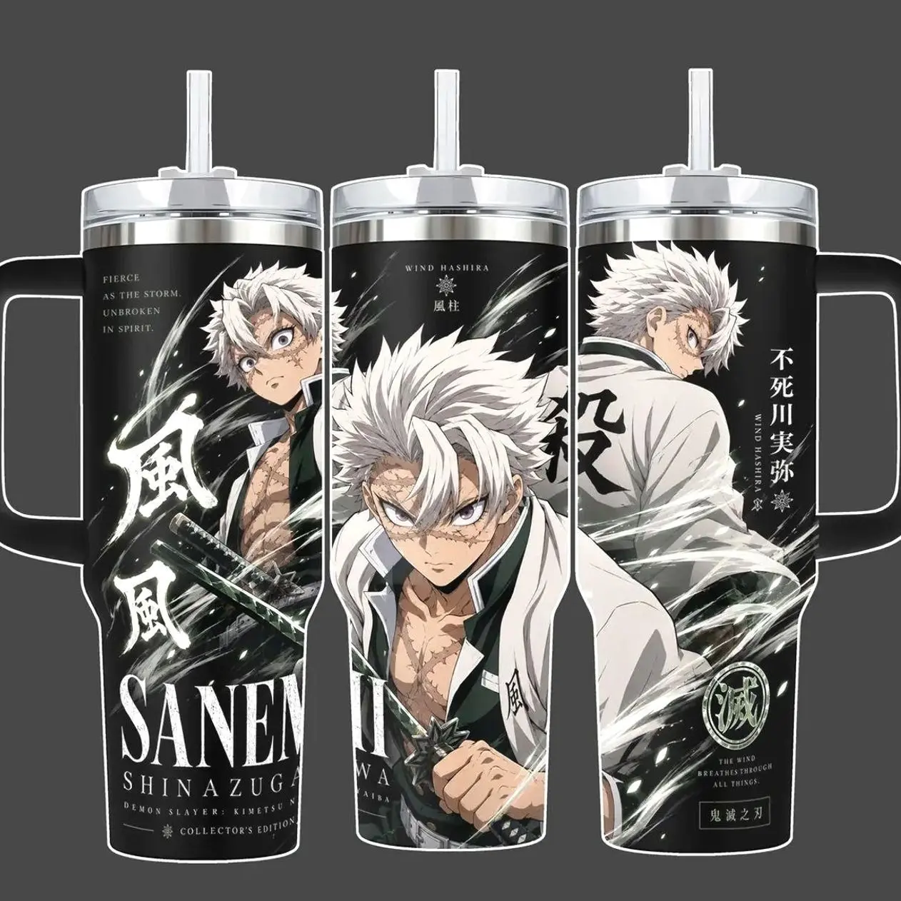 Demon Slayer Sanemi Shinazugawa Wind Hashira Anime Tumbler Cup, White Green Wind Aura Full Wrap Stainless Steel Insulated Tumbler 20oz/40oz With Straw Lid Included, 40oz Handle Option
