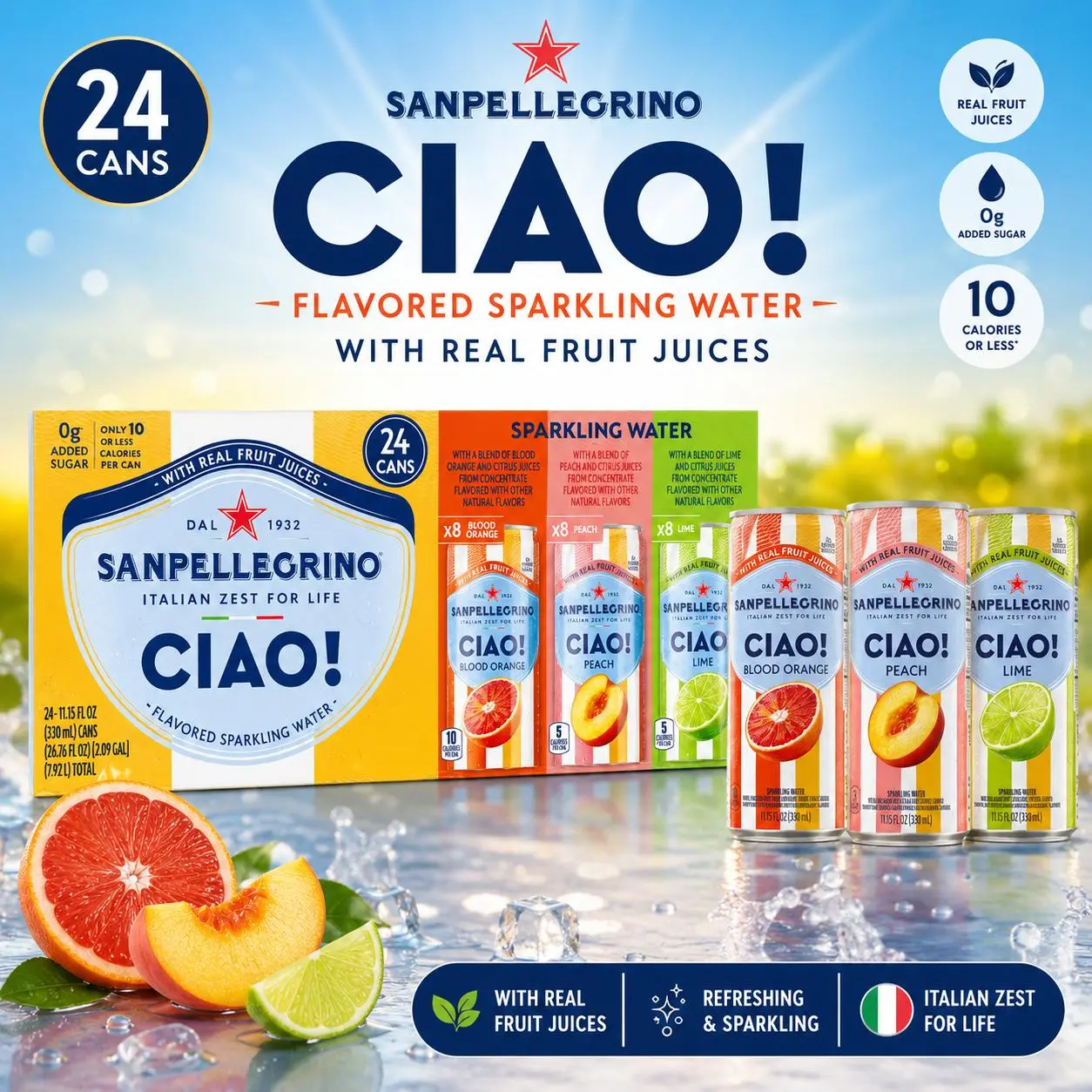 SanPellegrino CIAO! Rainbow Sparkling Beverage Variety Pack – 24 Cans, 11.15 fl oz Each