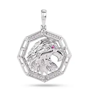 Rhodium Plated 925 Sterling Silver Eagle Purple Eye and Clear CZ Pendant