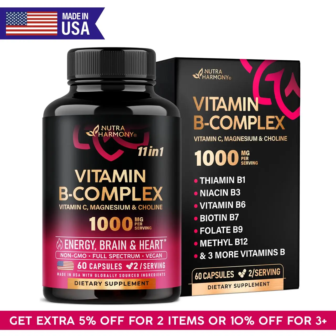 Vitamin B Complex Capsules for Men & Women - 11-in-1 B-Complex: B1, B2, B3, B5, B6, B7, B8, B9, B12 with Vitamin C, Choline, Inositol - Made in USA -