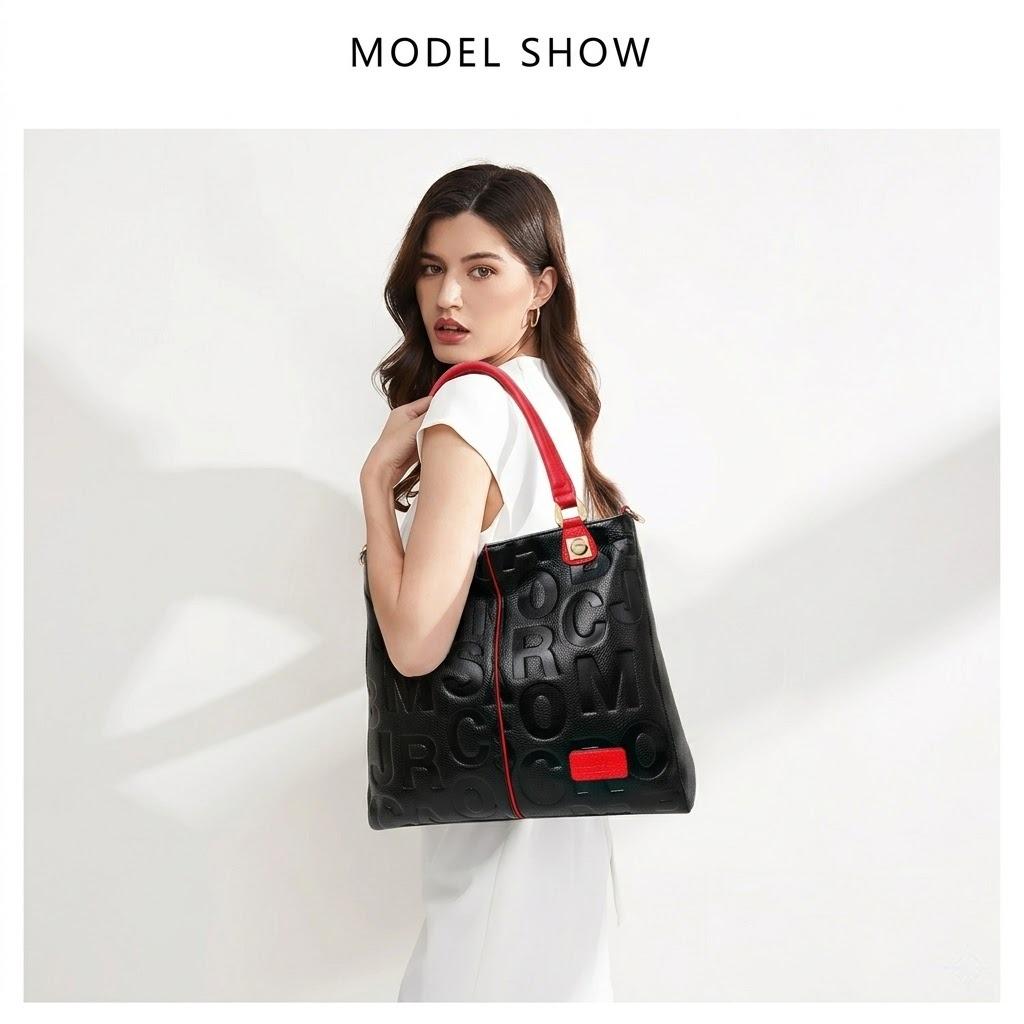 Women's Glossy Faux Leather  city   Tote Bag with Red Handles and Striking Embossed Letter Pattern