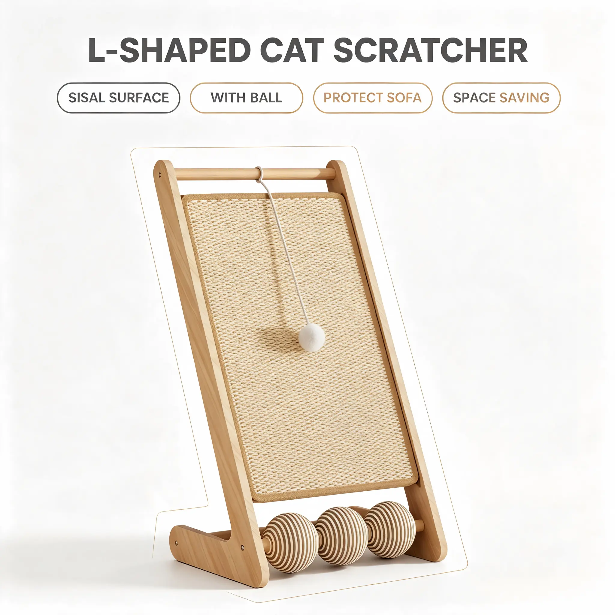 L-Shaped Wooden Cat Scratcher Natural Sisal Vertical Scratching Board with Ball Indoor Cat Furniture for Large Cats Multi-Cat Claw Board Durable Wood Cat Post for Kittens Adult Cats Space Saving Corner Scratcher Home Use, Heavy Duty, Protect Furniture