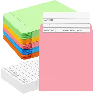 200 Pcs Library Pocket Envelopes and Book Cards Including 100 Self Adhesive Pocket Envelopes and 100 Check Out Cards Library Supplies (Colorful Envelope, White Card)