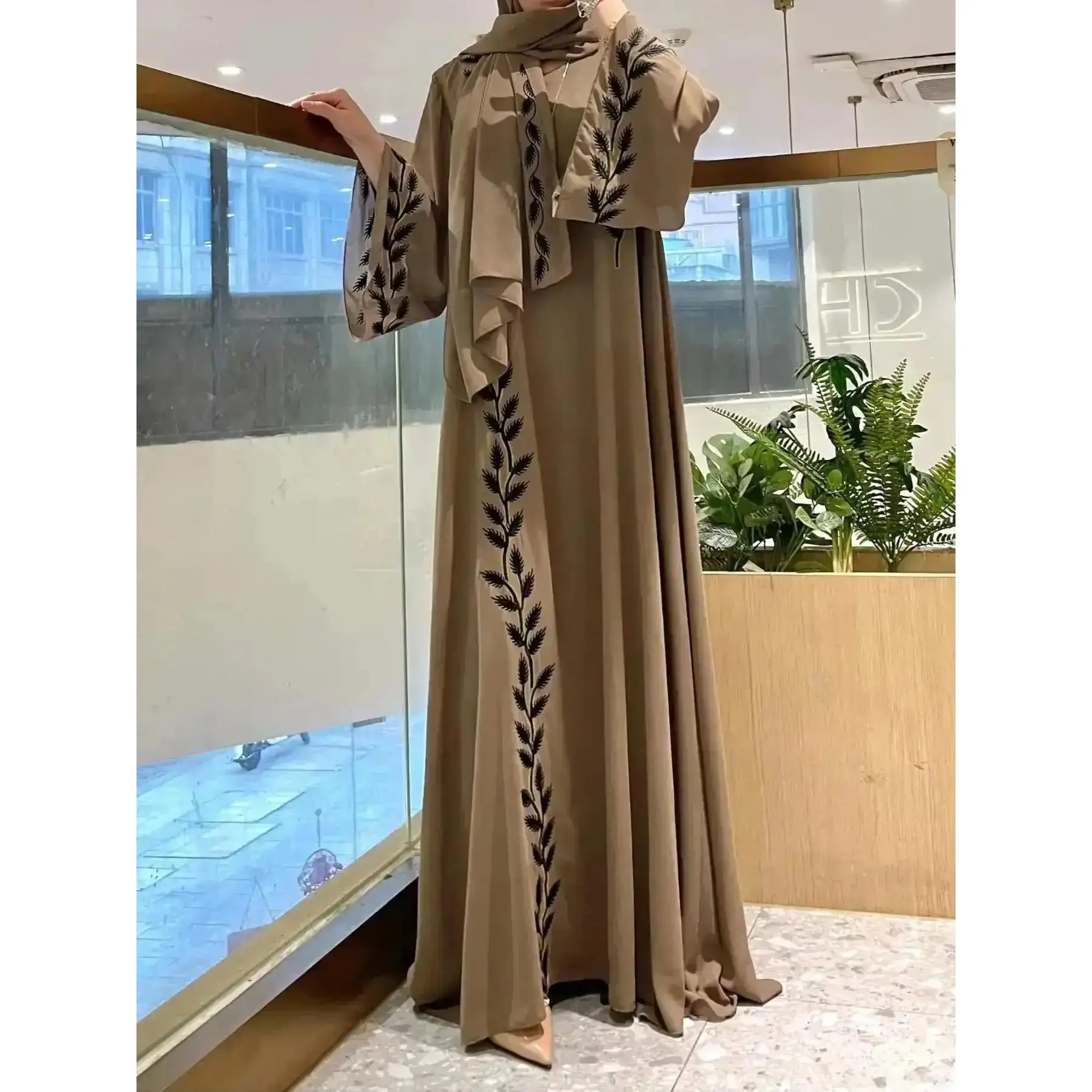 Luxury Arabic Clothing-Leaf Embroidered Bell Sleeve Chiffon Maxi Arabian Dress with Hijab, Elegant Long Kaftan Dresses Loose Abayas, Muslim Islamic Clothes, Viral Style, Aesthetic, Essential, Party Ready, Viral Fashion