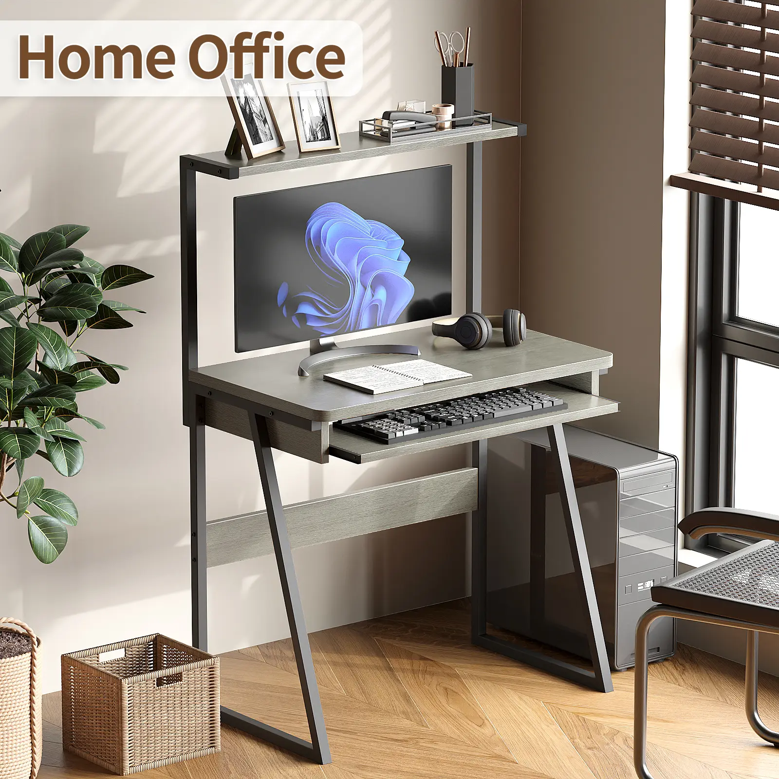 2 Tiers 28.3inch Small Computer Desk for Small Space, Compact Laptop Table Workstation with Keyboard Tray. Study PC Table for Home Office, Rustic Brown Furniture Wood