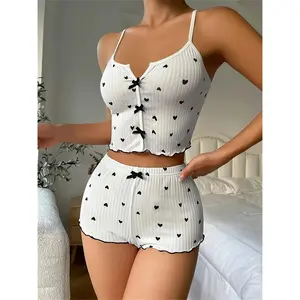 Soft Ribbed Fabric Romantic Heart Print Pajama Set - Flirty Frill Trim, Bow Detail Notched Cami, Elastic Shorts, Chic Cross-Strappy Backless Top