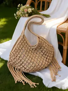 Boho Braided Bag with Fringe Decor, Boho Straw Bag, Large Capacity Crossbody Tote, Perfect for Beach Vacations, Commuting, Shopping