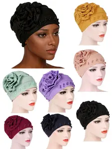 Women's Fashion Casual Hat with Side Flower Beaded Pearl, Pure Color Large Floral Headscarf Cap, Moon Hat, Wraparound Hat