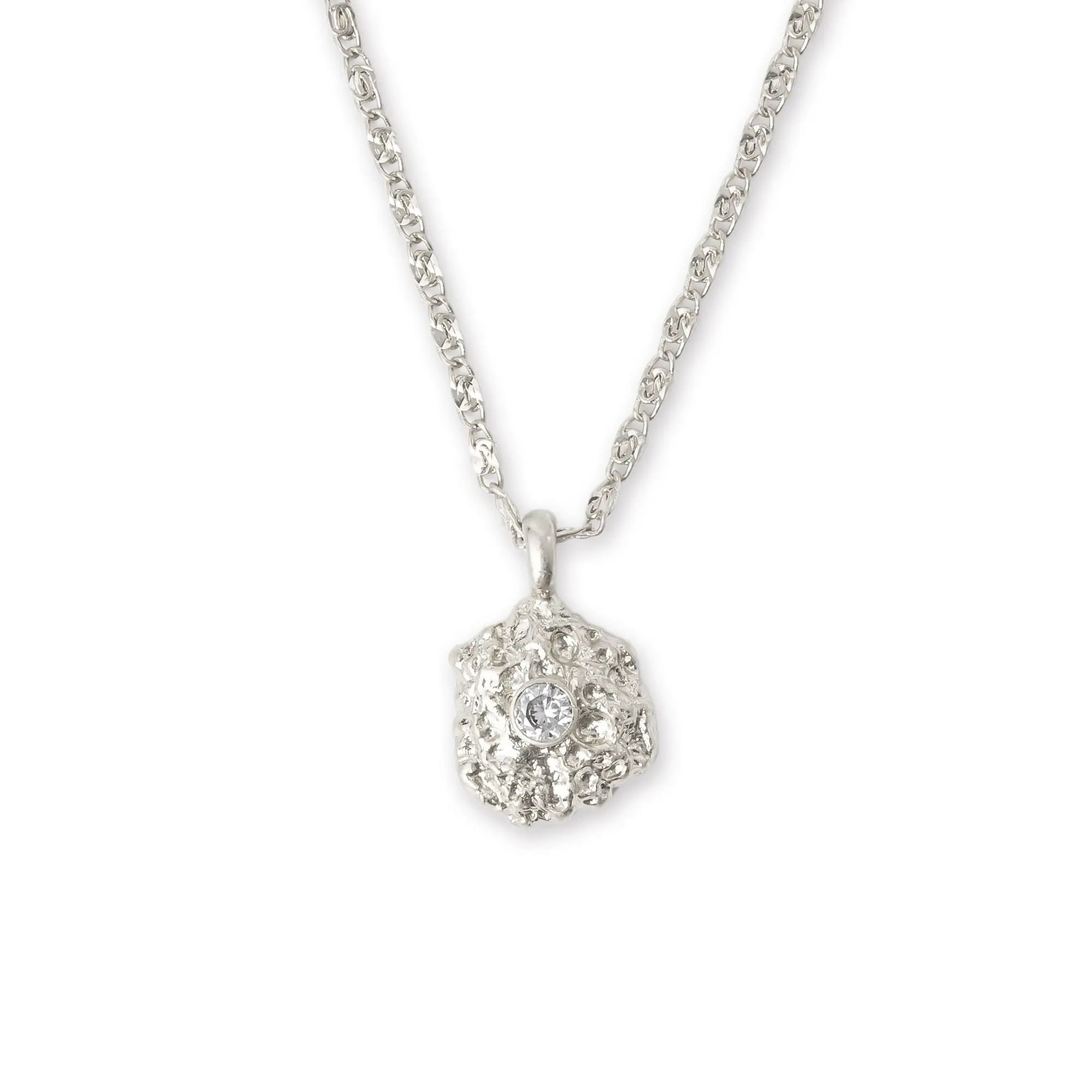 Shayla Silver Molten Clear Zirconia Pendant Necklace, Rhodium Plated Brass, Molten Design Pendant, 50cm Necklace Length with 6cm Extension