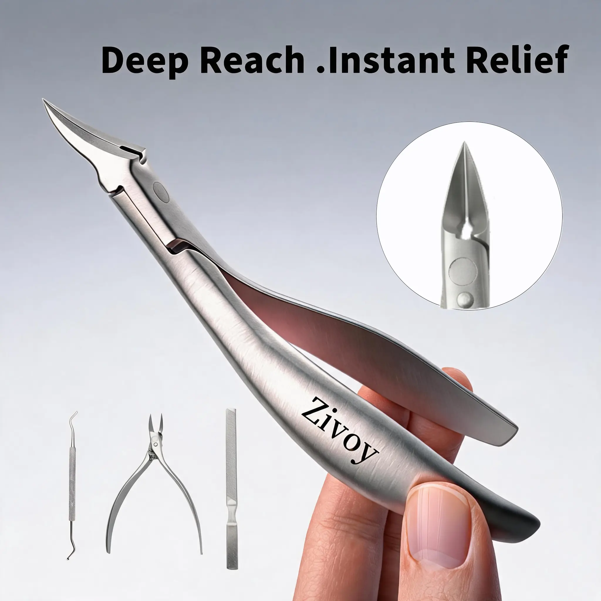 Zivoy Little Swan bio-inspired ultra-long handle eagle-claw nail clipper with a sharp, durable design, specifically for ingrown and thick nails; easily trims nails and comes with a metal file for artificial nails and an extractor tool.