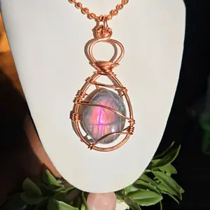Pink Labradorite Necklace with Copper Wire Wrapped Pendant for Women's Jewelry Collection