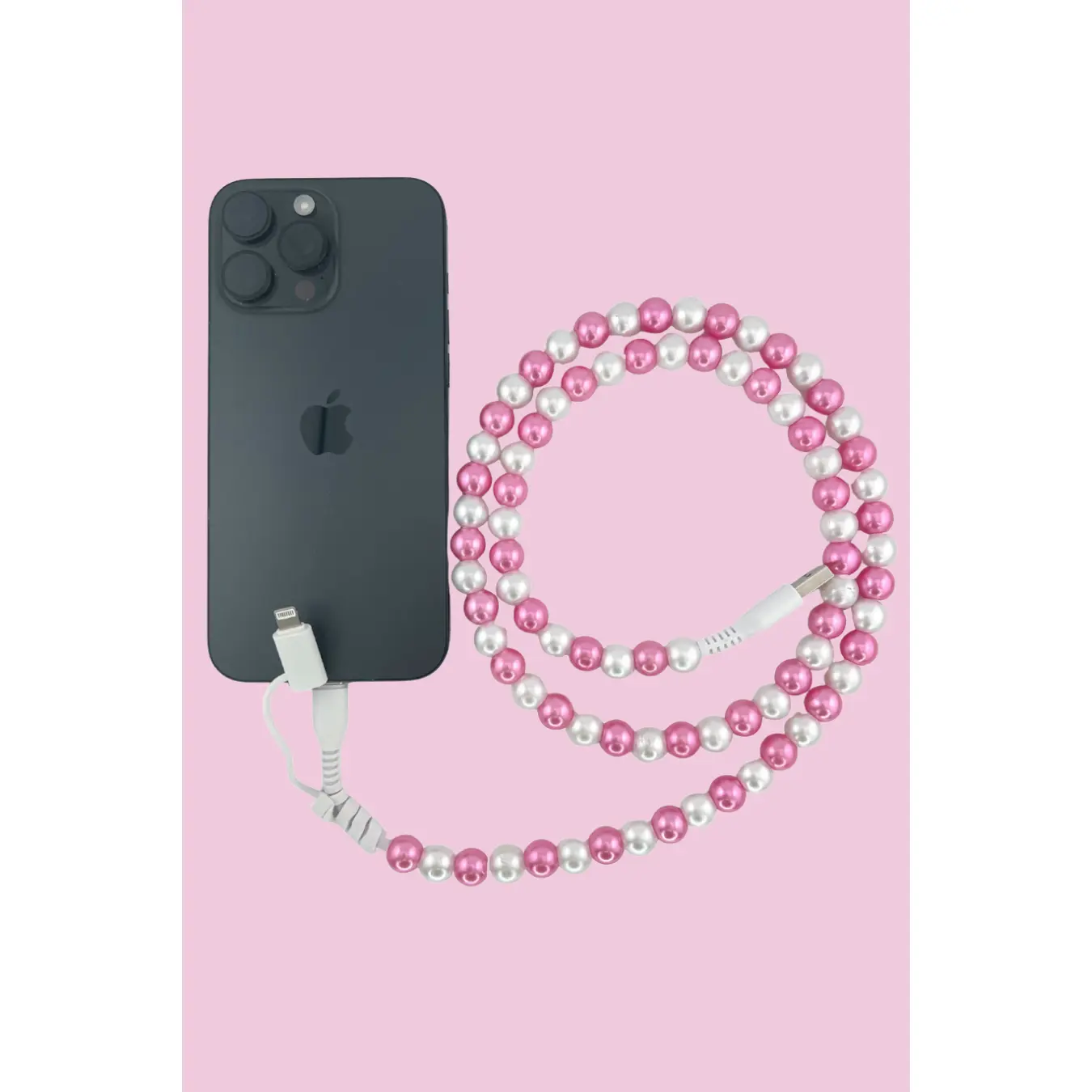 2 in 1 Beaded USB Charger- Pink/White Pearl