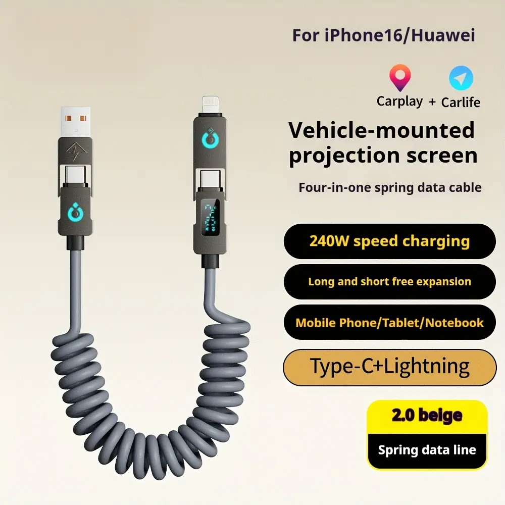 240W with digital display, universal 4-in-1 high-speed charging data cable, multi-functional super  spring retractable fast charging cable, suitable for various models . Charger portable charger 4 1 charging cable magnetic phone charger