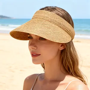 Summer Straw Sun Hat with Wide Brim, UV Protection Beach Hat, Rollable Ponytail Travel Sun Hat, Women's Casual Outdoor Accessory