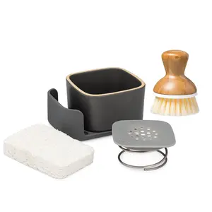 BUBBLE UP Set with Ceramic Soap Dispenser Silicone Base Bamboo Brush & Compressed Sponge Non-Slip Quick Drying Disinfect Recycled Plastic-Free