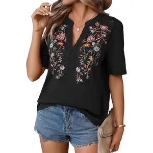Mexican Shirts for Women Embroidered Tops Traditional Summer Blouse Floral Tunic V Neck Short Sleeve T Shirt